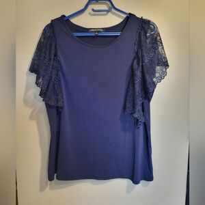 Adrienne Vittadini Navy Lace Sleeve Tee, Size XL